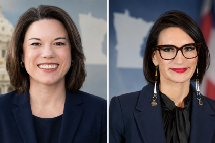 Side-by-side campaign photographs of U.S. Rep. Angie Craig and Minnesota Lt. Gov. Peggy Flanagan, candidates in Minnesota's 2026 Democratic Senate primary