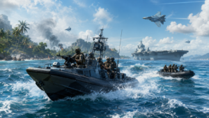 Editorial gaming illustration of Battlefield 6 Season 4 naval combat at Tsuru Reef