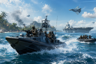Editorial gaming illustration of Battlefield 6 Season 4 naval combat at Tsuru Reef