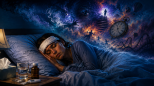 Person sleeping with fever while experiencing vivid dreams