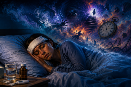 Person sleeping with fever while experiencing vivid dreams