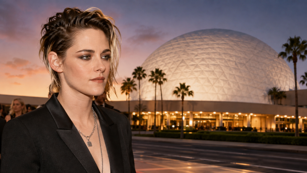 Editorial illustration of Kristen Stewart and the Cinerama Dome reopening