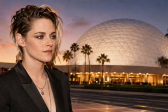 Editorial illustration of Kristen Stewart and the Cinerama Dome reopening