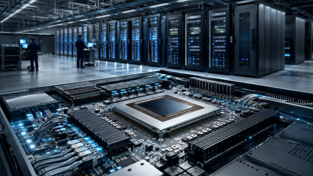 Editorial illustration of MediaTek AI chips powering a modern data center