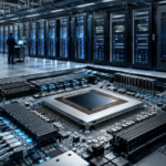 Editorial illustration of MediaTek AI chips powering a modern data center