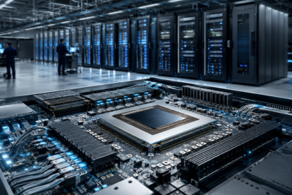 Editorial illustration of MediaTek AI chips powering a modern data center