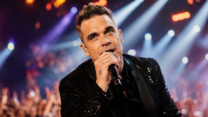 Robbie Williams performing live, representing his best-known songs and solo hits