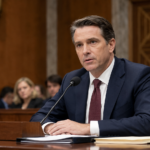 Editorial illustration of Todd Blanche appearing at a Senate confirmation hearing