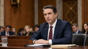 Editorial illustration of Todd Blanche appearing at a Senate confirmation hearing