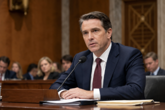 Editorial illustration of Todd Blanche appearing at a Senate confirmation hearing