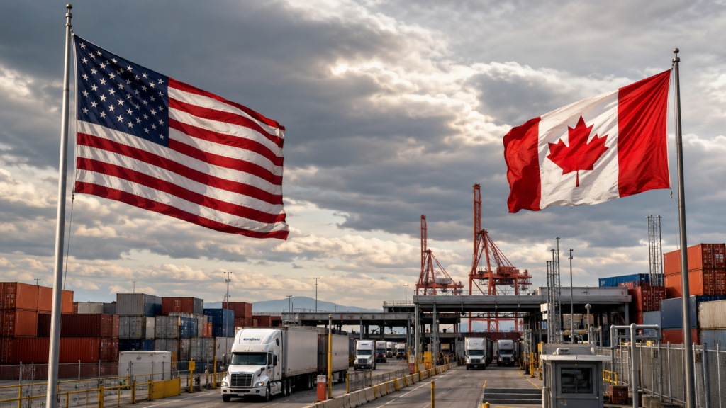 U.S. and Canadian flags beside cargo containers representing the August 19 tariff deadline.