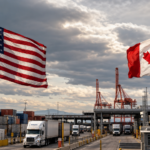 U.S. and Canadian flags beside cargo containers representing the August 19 tariff deadline.