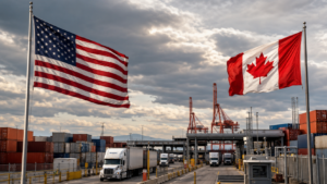 U.S. and Canadian flags beside cargo containers representing the August 19 tariff deadline.