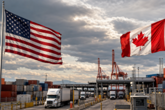 U.S. and Canadian flags beside cargo containers representing the August 19 tariff deadline.