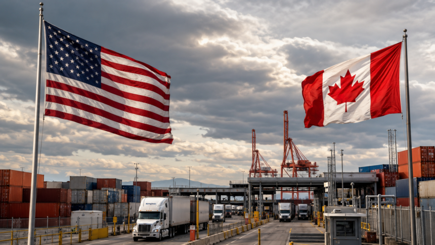 U.S. and Canadian flags beside cargo containers representing the August 19 tariff deadline.