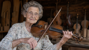 Violet Hensley playing a handmade fiddle