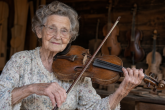 Violet Hensley playing a handmade fiddle