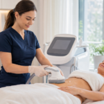 A provider performs a non-surgical body contouring treatment on a client in a professional wellness clinic.