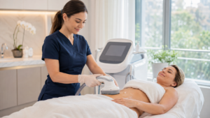 A provider performs a non-surgical body contouring treatment on a client in a professional wellness clinic.