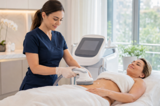 A provider performs a non-surgical body contouring treatment on a client in a professional wellness clinic.