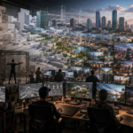Game developers creating a detailed open-world city representing the long development of GTA 6.