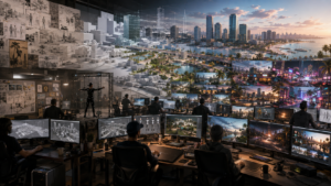 Game developers creating a detailed open-world city representing the long development of GTA 6.