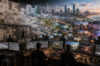 Game developers creating a detailed open-world city representing the long development of GTA 6.