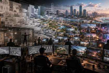 Game developers creating a detailed open-world city representing the long development of GTA 6.