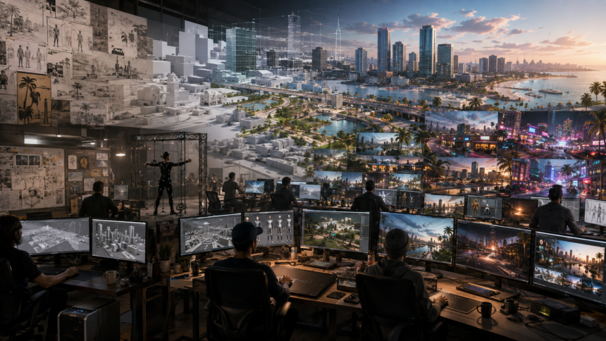Game developers creating a detailed open-world city representing the long development of GTA 6.