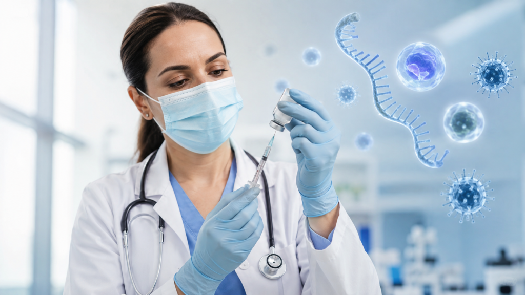 Healthcare professional preparing the MFLUSIVA mRNA flu vaccine