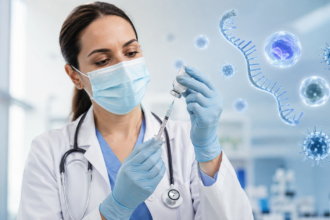 Healthcare professional preparing the MFLUSIVA mRNA flu vaccine
