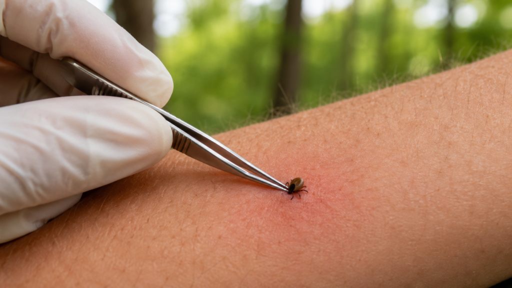 Close-up of a tick attached to human skin with fine-tipped tweezers positioned for safe removal