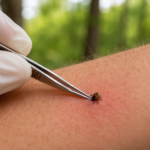 Close-up of a tick attached to human skin with fine-tipped tweezers positioned for safe removal