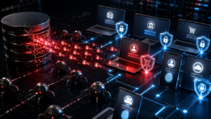 Stolen usernames and passwords being automatically tested across multiple online accounts in a credential stuffing attack.