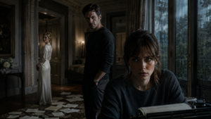 Dakota Johnson, Anne Hathaway and Josh Hartnett representing the psychological thriller Verity.